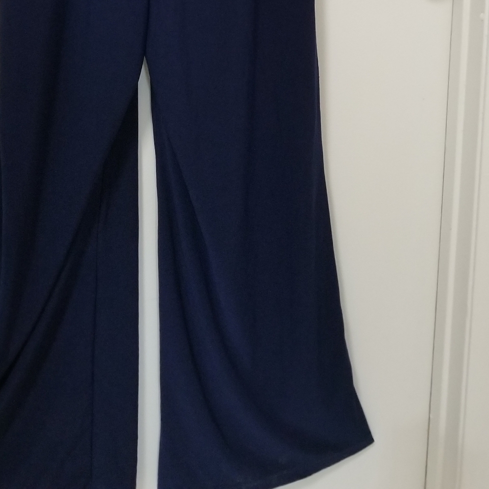 New Neiman Marcus Navy Blue Jersey Jumpsuit Wide Leg Stretch with Cape Size 8 - Picture 10 of 12